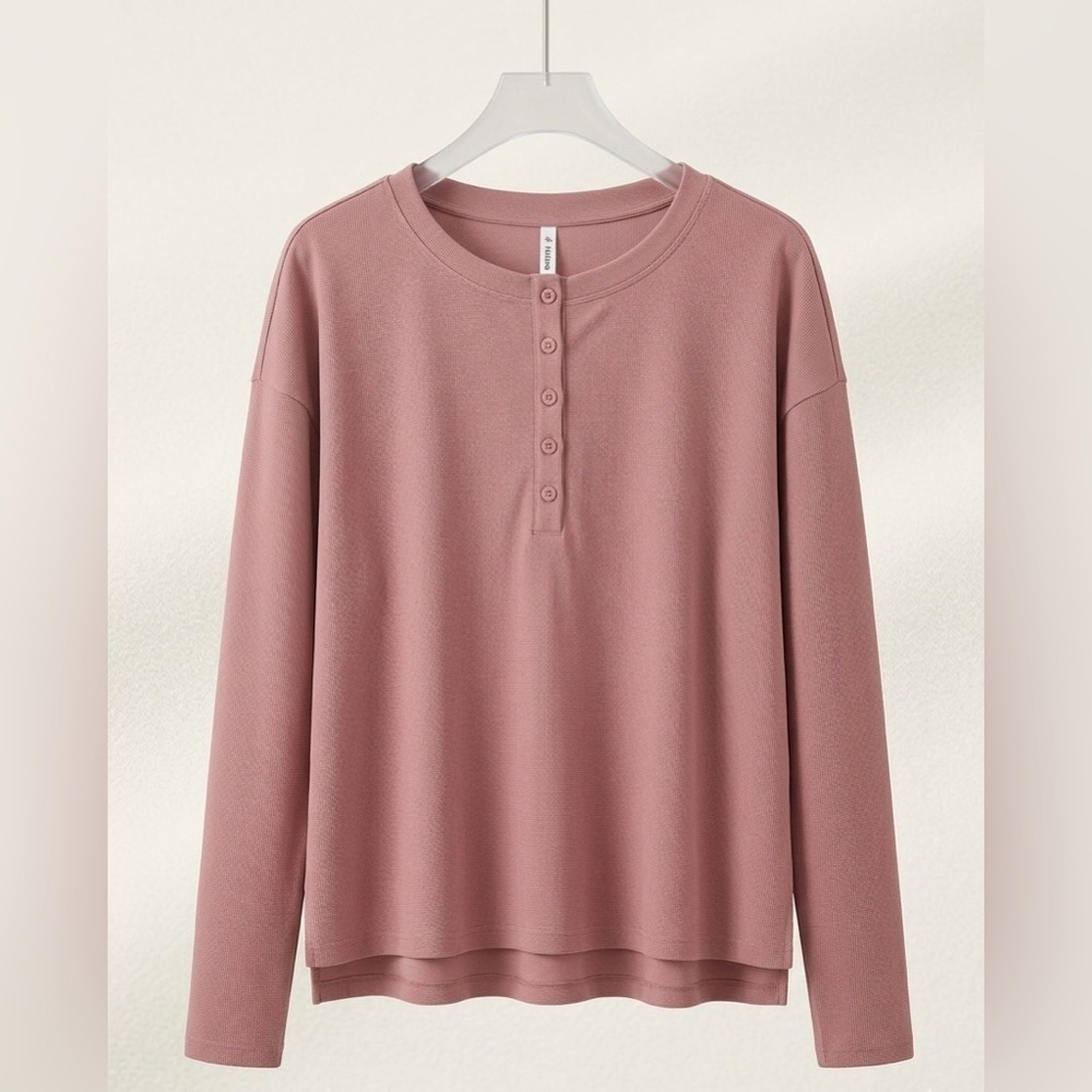NWT Halara Waffle Knit Henley Top L Oversized Dusty Rose Athleisure Lounge